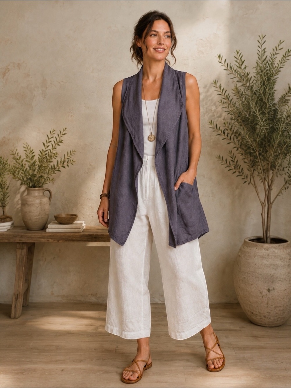 FLAX Linen Gray Open Front Drape Vest Sleeveless Side Pockets Resort Wear Small - Picture 4 of 16